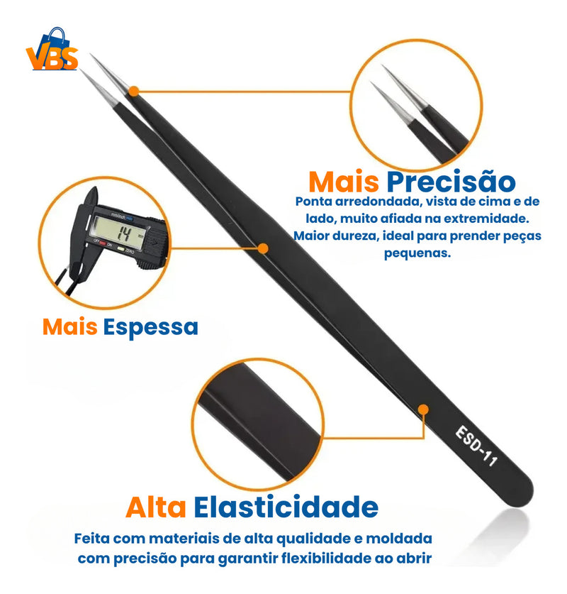 Kit 6 Pinças Precisão Preta Antiestática Aço Inoxidável VBS Brasil Para Eletrônica Celular Artesanato Manutenção Circuito Placa Relógio Profissional
