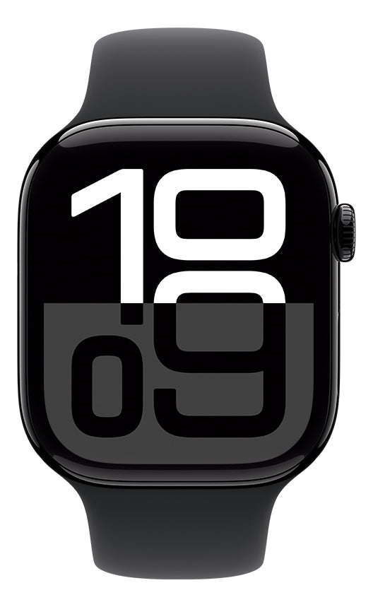 Apple Watch Series 10 GPS • Caixa preta brilhante de alumínio – 46 mm • Pulseira esportiva preta – M/G