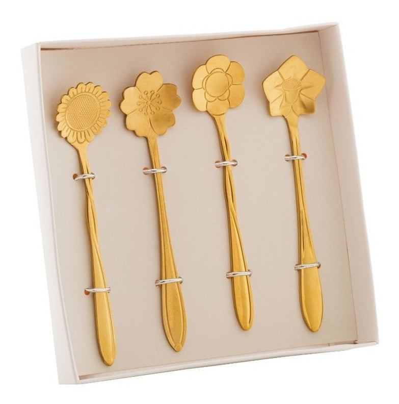 Kit 4 Colheres Flores Aço Inox Dourado P/ Chá Café Suco