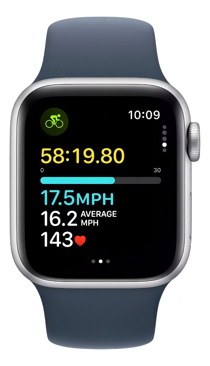 Apple Watch SE GPS (2da gen) • Caixa prateada de alumínio – 40 mm • Pulseira esportiva azul-tempestade – M/G