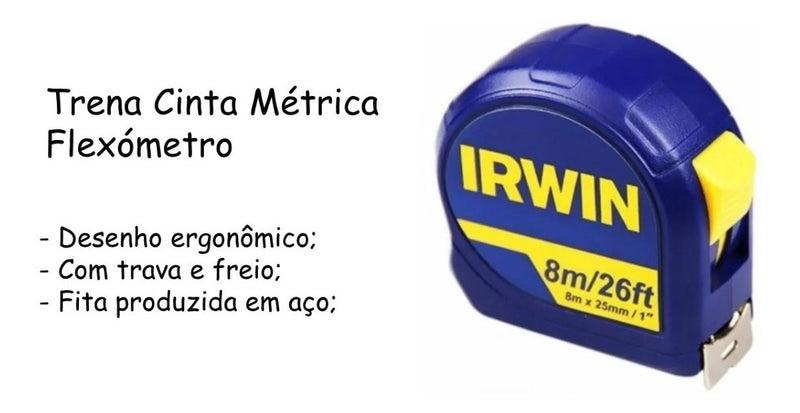 Trena Métrica Irwin 8mx25mm, Botão de Trava, Fita de Aço, Profissional Standard