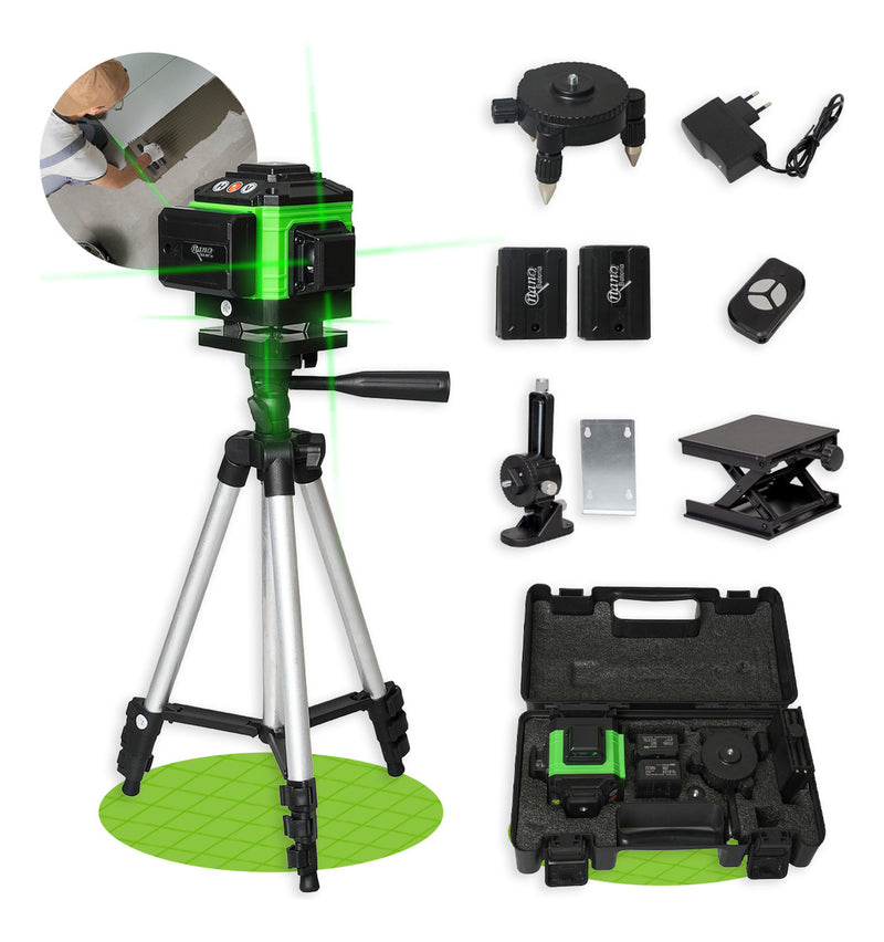 Kit Nível A Laser Verde 12 Linhas Esquadro + Suporte + Tripé Recarregavel Profissional Prumo Autonivelante Nano Bateria