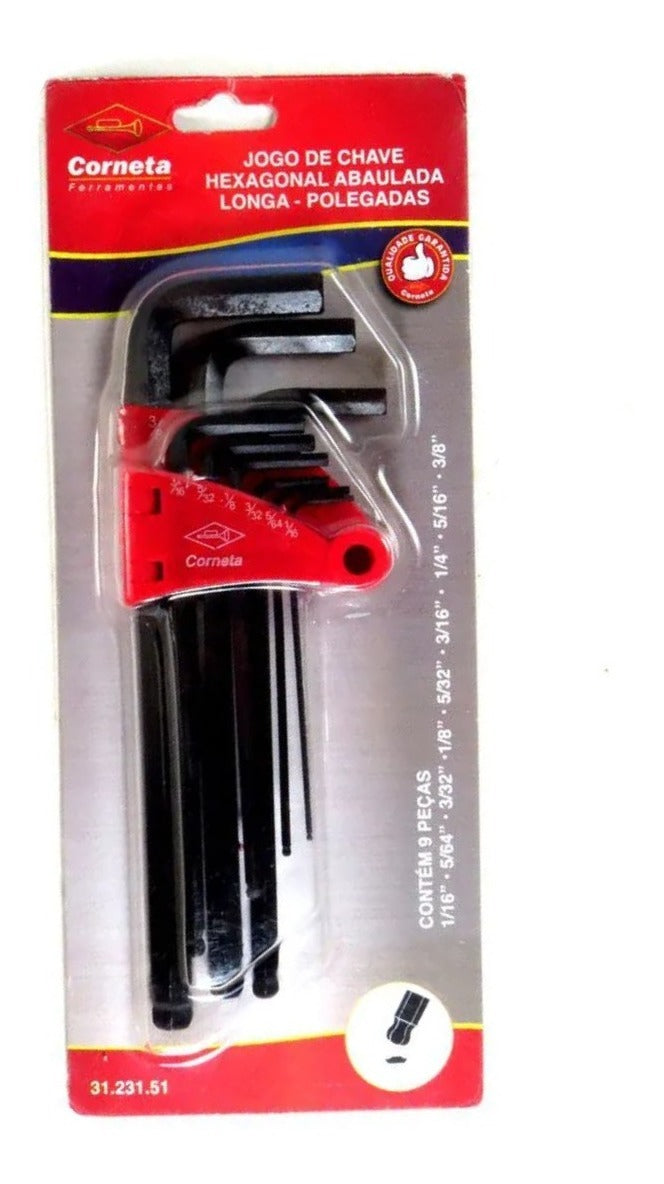 Chave Allen Longa 1/16 A 3/8 Polegada Abaulada Corneta -9pçs