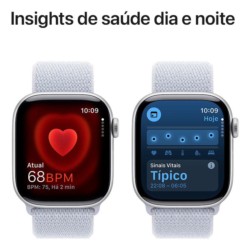 Apple Watch Series 10 GPS • Caixa prateada de alumínio – 42 mm • Pulseira loop esportiva nuvem azul