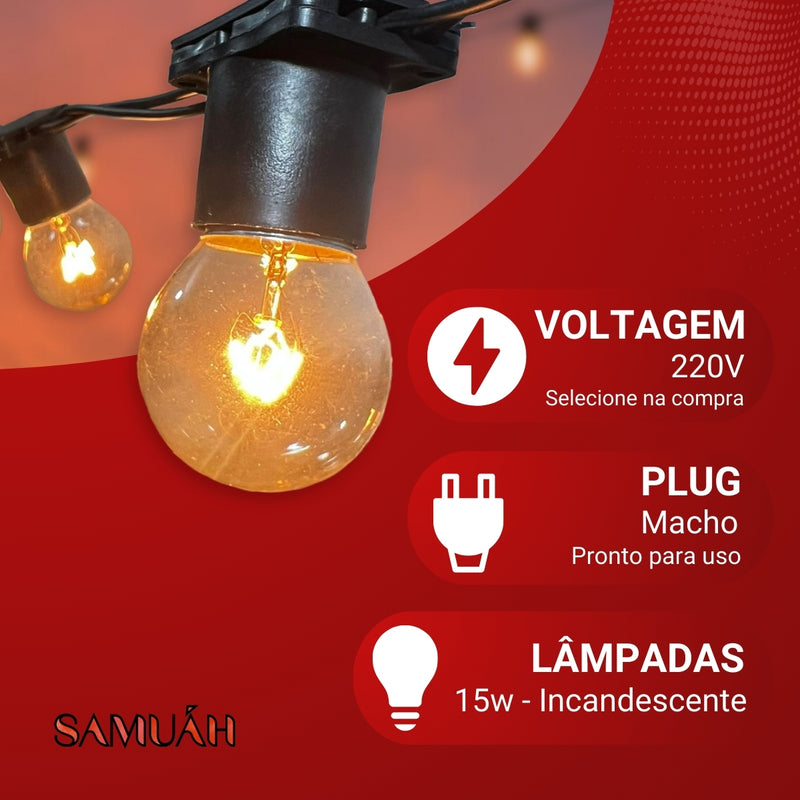 Varal De Luzes 20 Metros Festao Com Lampadas Ja Inclusas Incandescente 15w Clara 220v