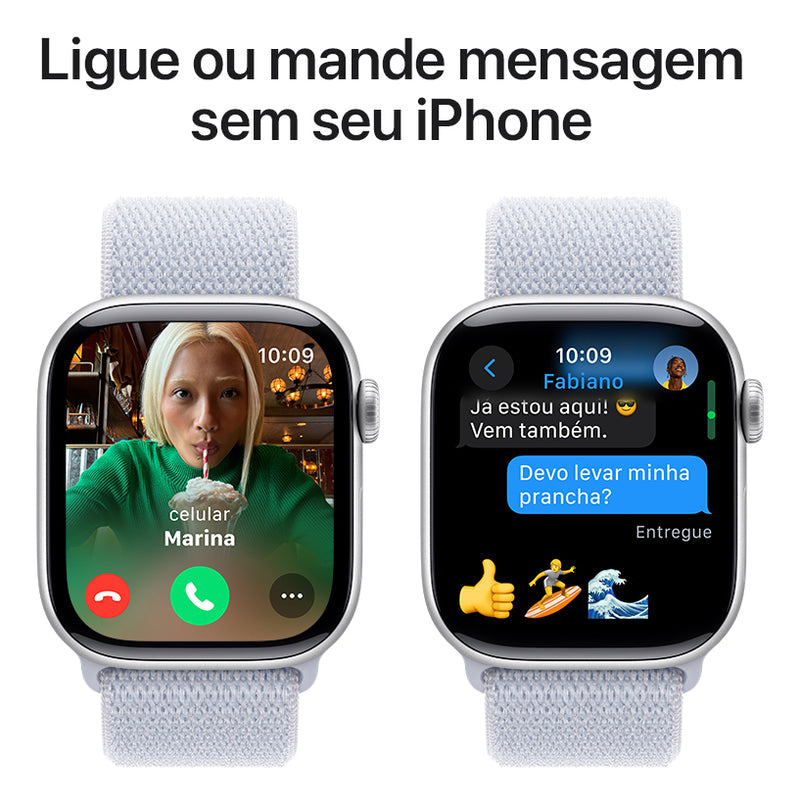 Apple Watch Series 10 GPS • Caixa prateada de alumínio – 42 mm • Pulseira loop esportiva nuvem azul