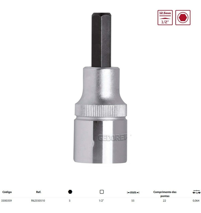 Soquete Hexagonal Encaixe 1/2 Crv 5mm Gedore Red R62550510