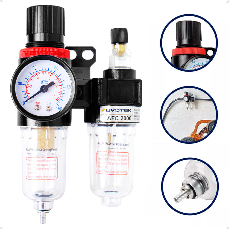 Filtro eliminador de água e óleo com regulador pressão 1/4 150 Psi Evotek Ferramentas