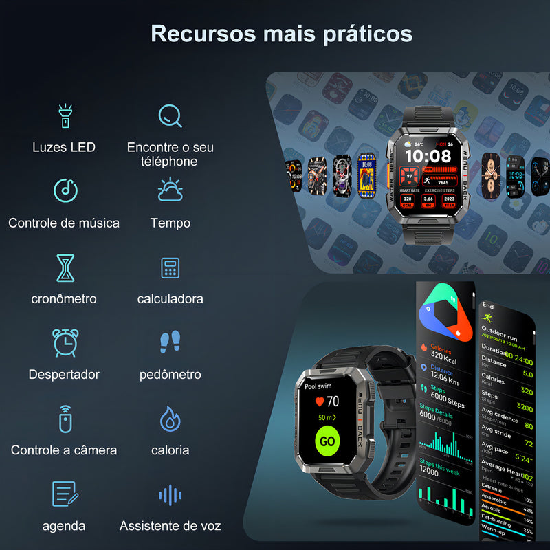 Relógio Inteligente Blackview Smart Watch W60 Lanterna Bluetooth Militar Masculina De 2,1 Polegadas Ip68 À Prova D'água 900 Mah Bateria Preta