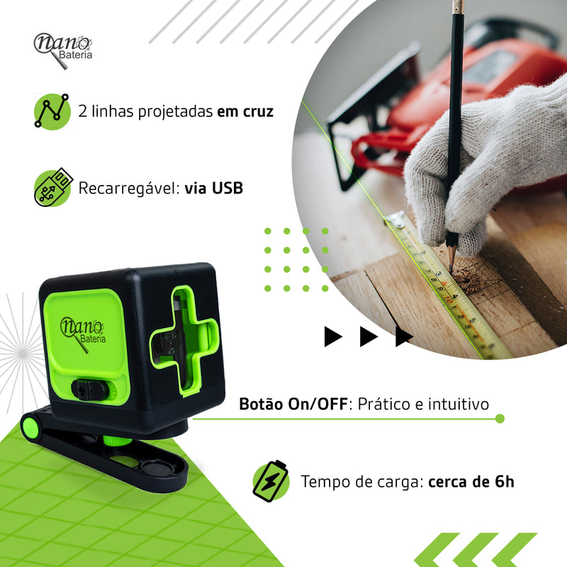 Nível A Laser Verde 2 Linhas Esquadro + Suporte + Tripé Recarregavel Profissional Prumo 20m Autonivelante Bateria Nano Bateria