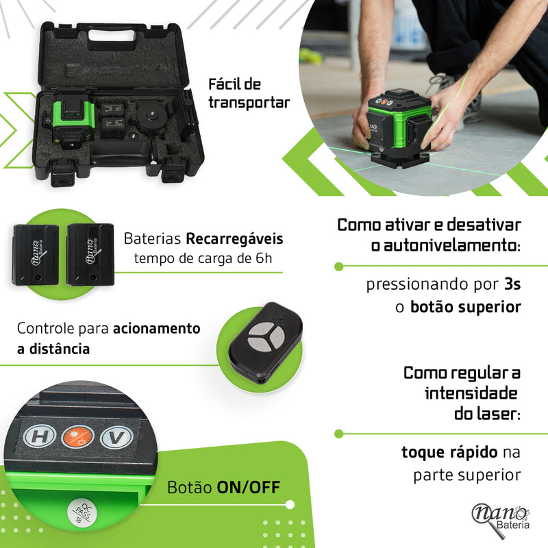 Kit Nível A Laser Verde 12 Linhas Esquadro + Suporte + Tripé Recarregavel Profissional Prumo Autonivelante Nano Bateria