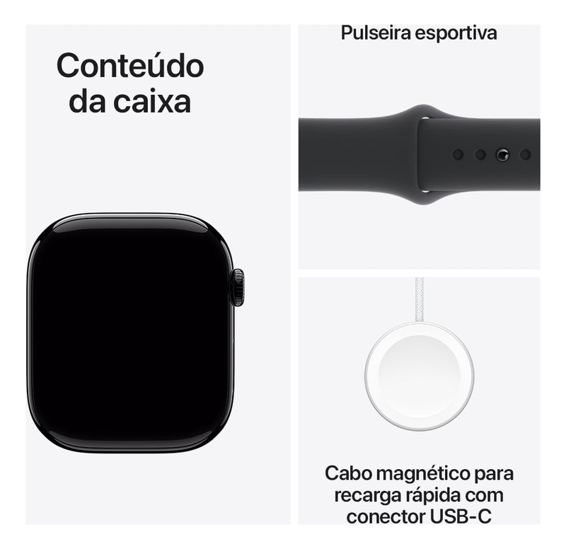 Apple Watch Series 10 GPS • Caixa preta brilhante de alumínio – 46 mm • Pulseira esportiva preta – M/G