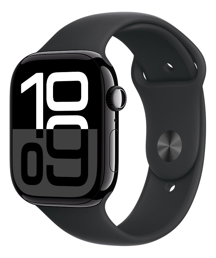 Apple Watch Series 10 GPS • Caixa preta brilhante de alumínio – 46 mm • Pulseira esportiva preta – M/G
