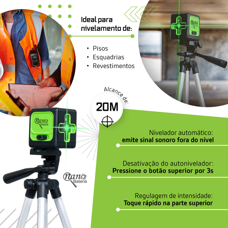 Nível A Laser Verde 2 Linhas Esquadro + Suporte + Tripé Recarregavel Profissional Prumo 20m Autonivelante Bateria Nano Bateria