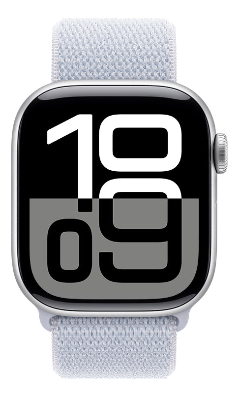 Apple Watch Series 10 GPS • Caixa prateada de alumínio – 42 mm • Pulseira loop esportiva nuvem azul