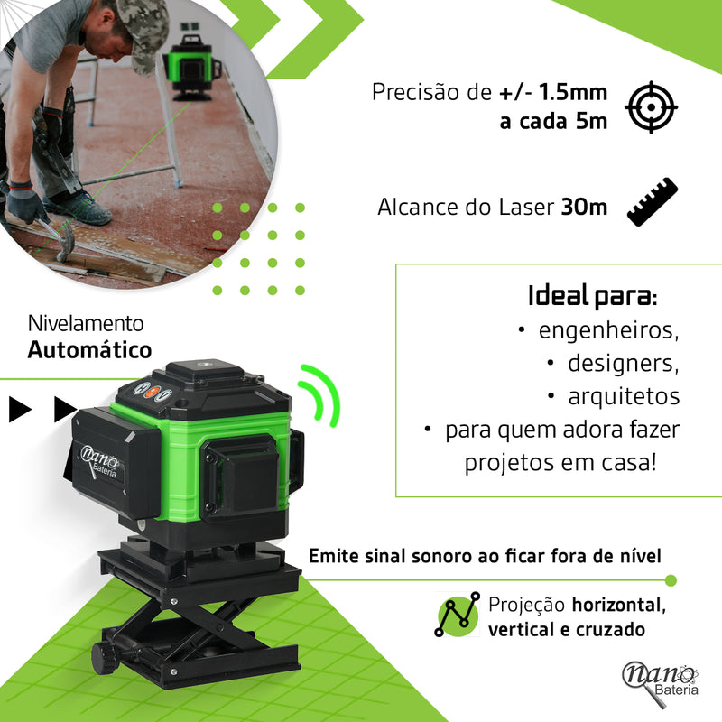 Kit Nível A Laser Verde 12 Linhas Esquadro + Suporte + Tripé Recarregavel Profissional Prumo Autonivelante Nano Bateria