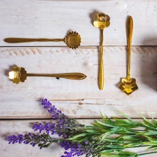 Kit 4 Colheres Flores Aço Inox Dourado P/ Chá Café Suco