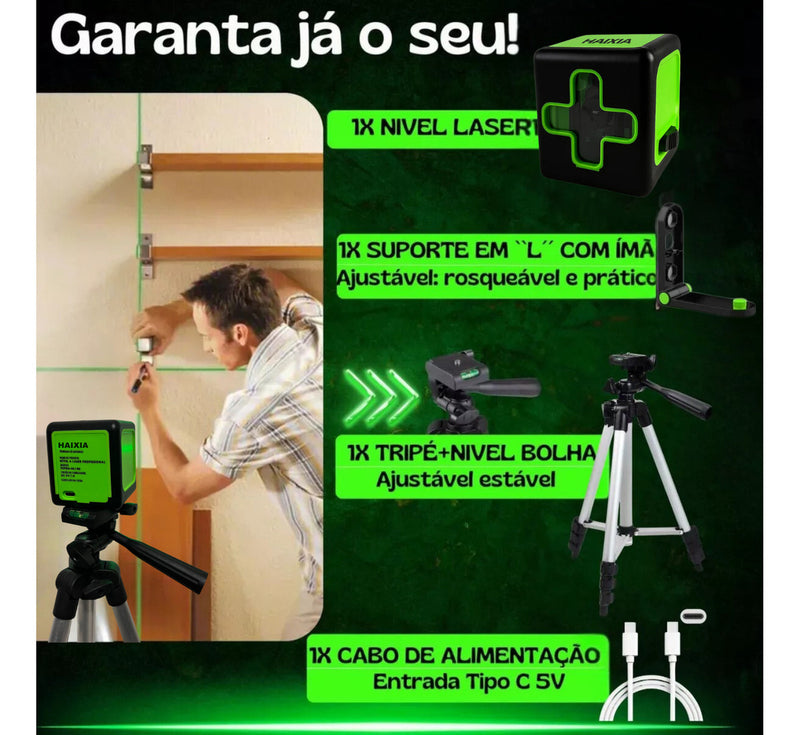 Nível A Laser Verde 2 Linhas Esquadro + Suporte + Tripé Recarregavel Profissional Prumo 20m Autonivelante Haixia