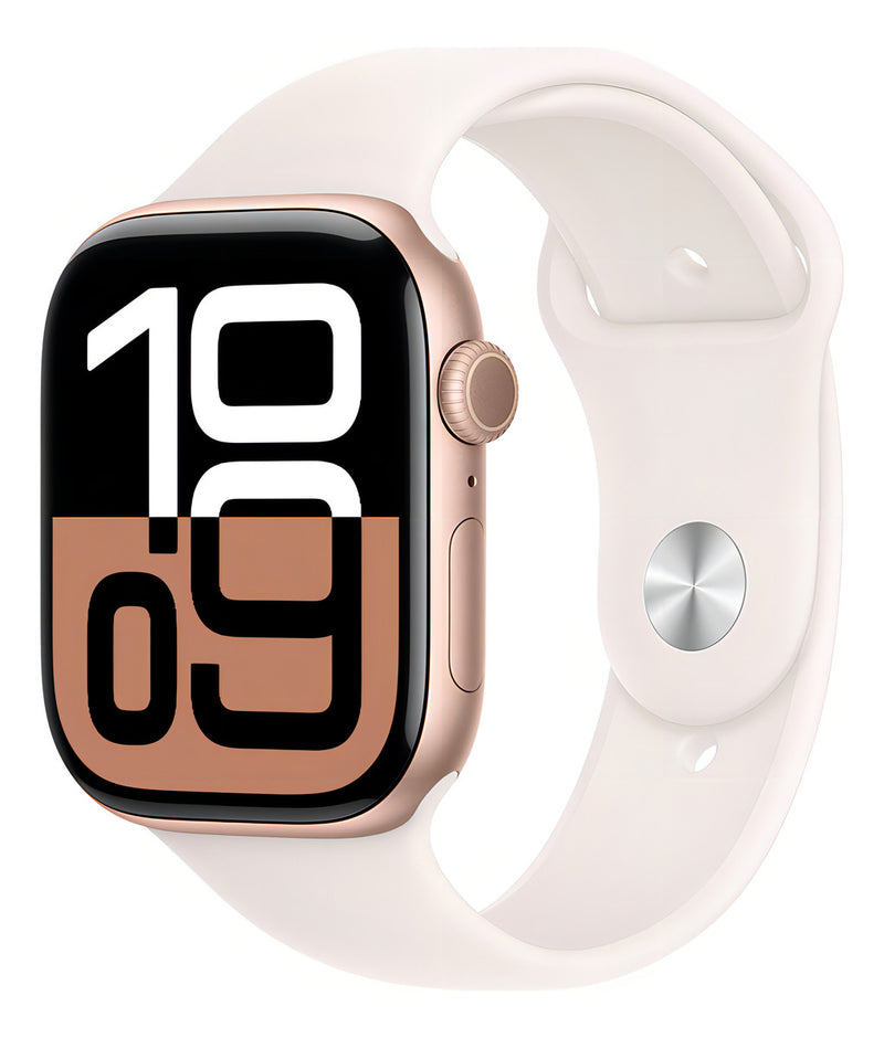 Apple Watch Series 10 GPS • Caixa cor de ouro rosa de alumínio – 46 mm • Pulseira esportiva blush-clara – M/G