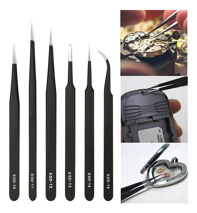 Kit 6 Pinças Precisão Preta Antiestática Aço Inoxidável VBS Brasil Para Eletrônica Celular Artesanato Manutenção Circuito Placa Relógio Profissional