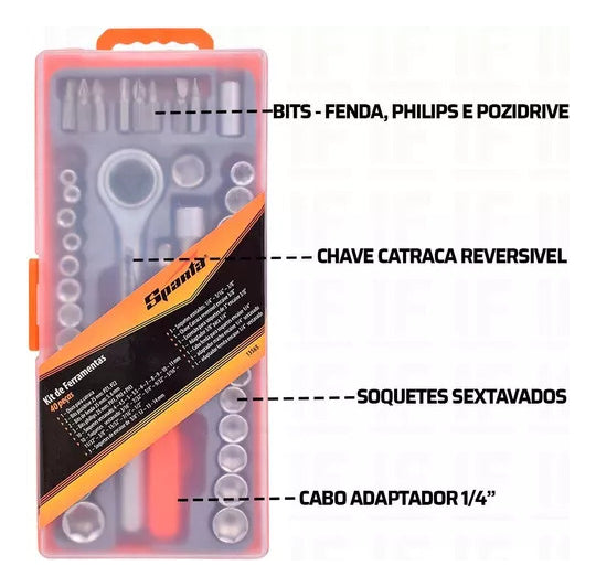 Jogo Chave Soquete Com Catraca Reversível 40 Pcs Sextavados