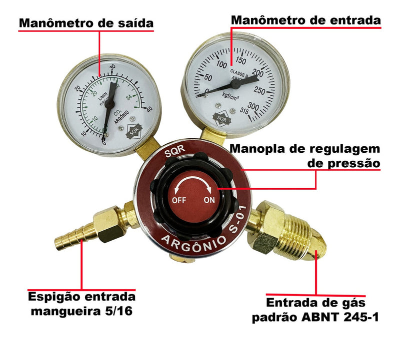 Regulador de Pressão para Cilindro de Argônio Com 2 Manômetros S01 SQR