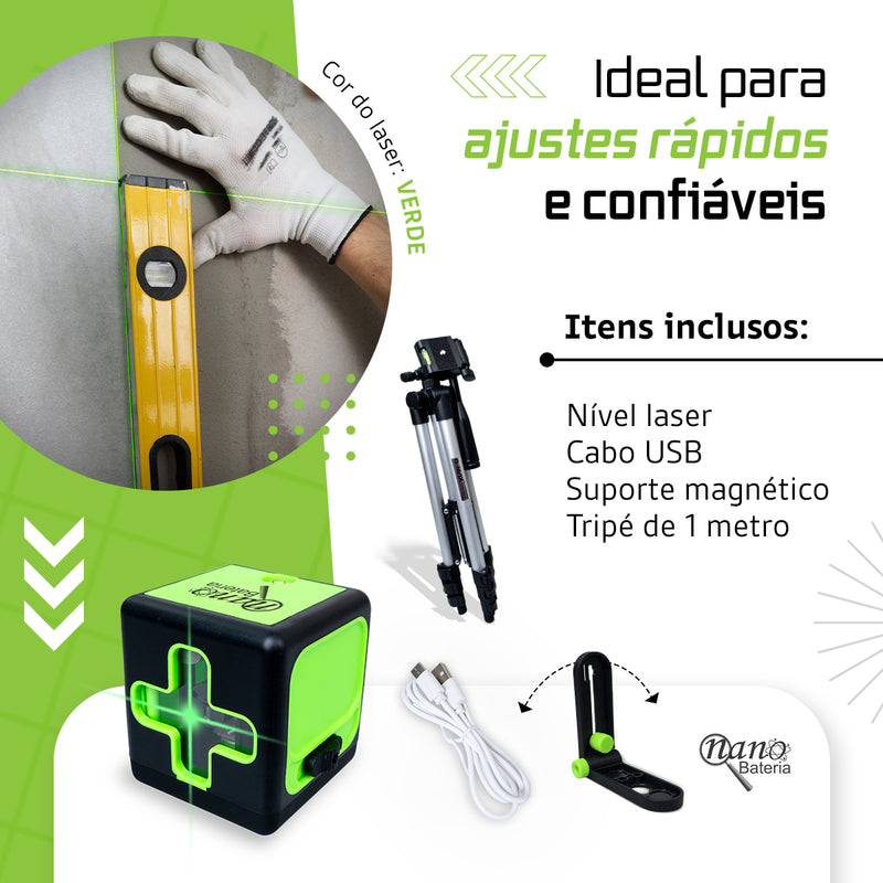 Nível A Laser Verde 2 Linhas Esquadro + Suporte + Tripé Recarregavel Profissional Prumo 20m Autonivelante Bateria Nano Bateria