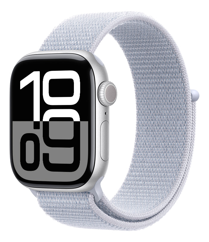 Apple Watch Series 10 GPS • Caixa prateada de alumínio – 42 mm • Pulseira loop esportiva nuvem azul