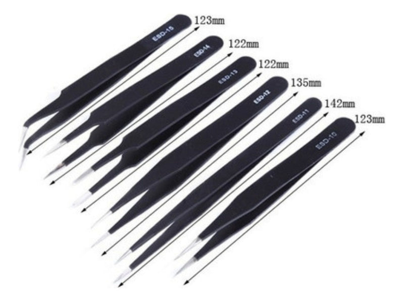Kit 6 Pinças Precisão Preta Antiestática Aço Inoxidável VBS Brasil Para Eletrônica Celular Artesanato Manutenção Circuito Placa Relógio Profissional