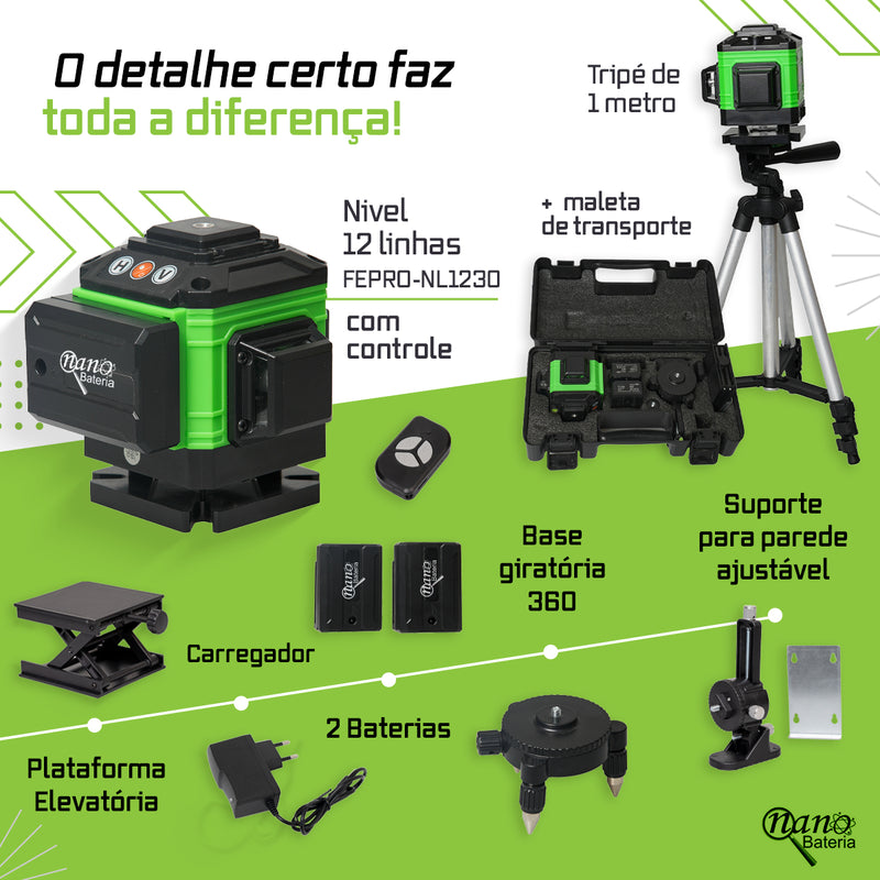 Kit Nível A Laser Verde 12 Linhas Esquadro + Suporte + Tripé Recarregavel Profissional Prumo Autonivelante Nano Bateria