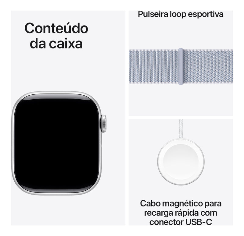 Apple Watch Series 10 GPS • Caixa prateada de alumínio – 42 mm • Pulseira loop esportiva nuvem azul