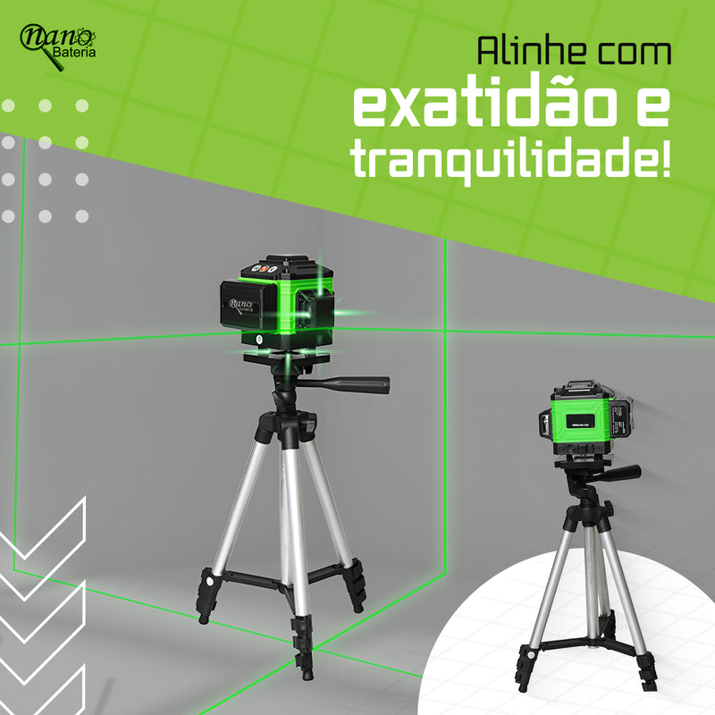 Kit Nível A Laser Verde 12 Linhas Esquadro + Suporte + Tripé Recarregavel Profissional Prumo Autonivelante Nano Bateria