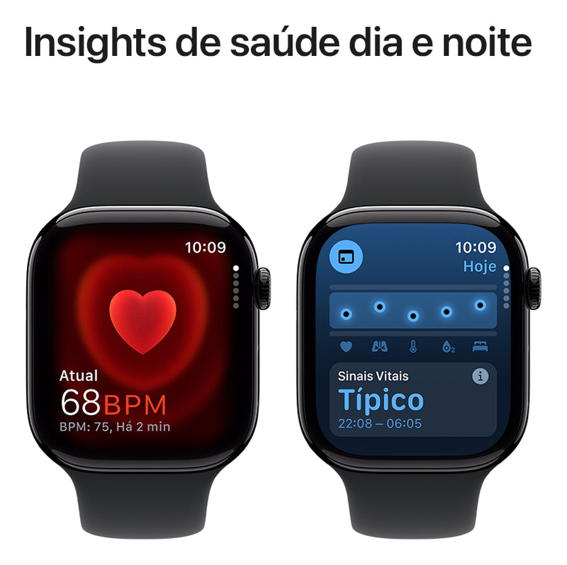 Apple Watch Series 10 GPS • Caixa preta brilhante de alumínio – 46 mm • Pulseira esportiva preta – M/G