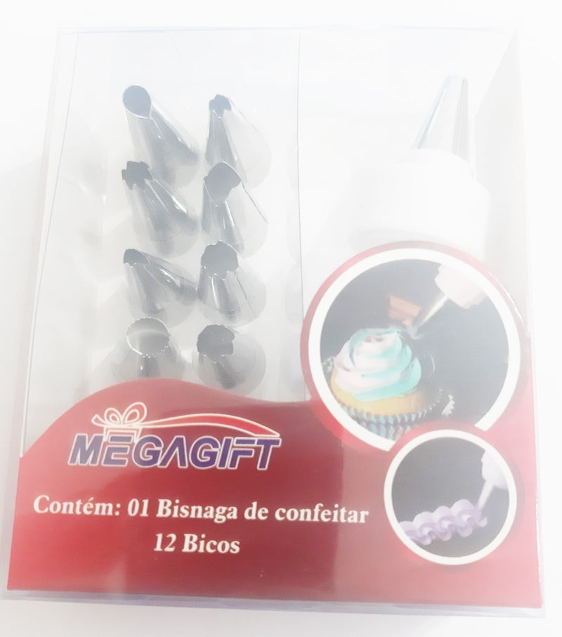12 Bicos Confeitar Bolo Doce + Acoplador + Saco Confeiteiro