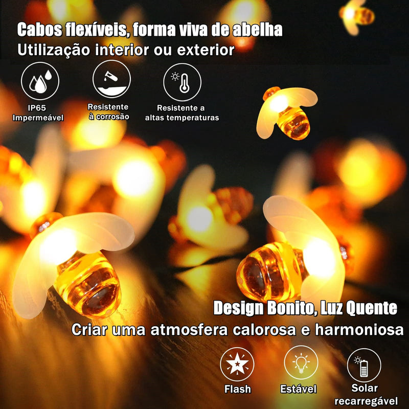 Solar Cordão Fio De Luz 50 Abelhas De Led 7 Metros Decorar