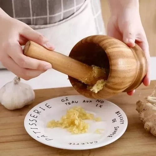 Pilão Socador Madeira Bambu Amassador Alho Temperos E Ervas