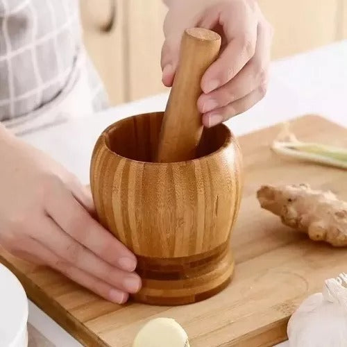 Pilão Socador Madeira Bambu Amassador Alho Temperos E Ervas