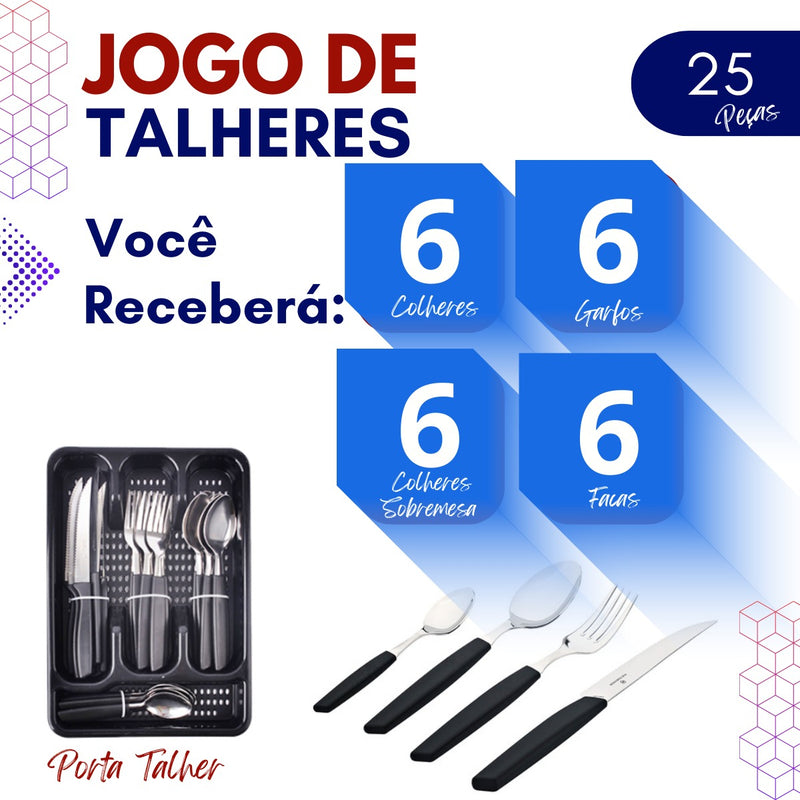 Eps-25p Conjunto faqueiro 25 Peças Porta Talher Jogo De Talheres Preto