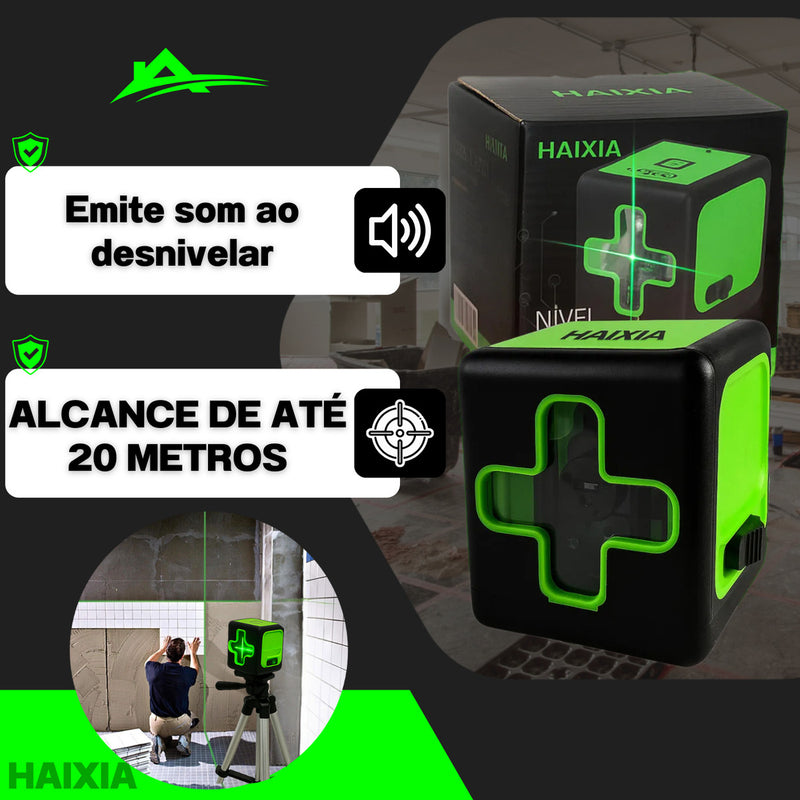 Nível A Laser Verde 2 Linhas Esquadro + Suporte + Tripé Recarregavel Profissional Prumo 20m Autonivelante Haixia
