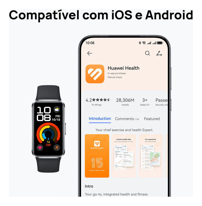 Smartwatch HUAWEI Band 10 Caixa de Polímeros Duráveis Análise do Sono em Nível Profissional Assistente de Bem-estar Emocional Relógio Smartwatch Compatível com Android e iOS Preto