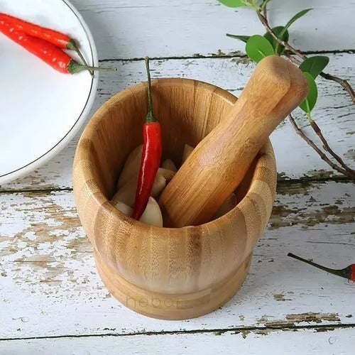 Pilão Socador Madeira Bambu Amassador Alho Temperos E Ervas
