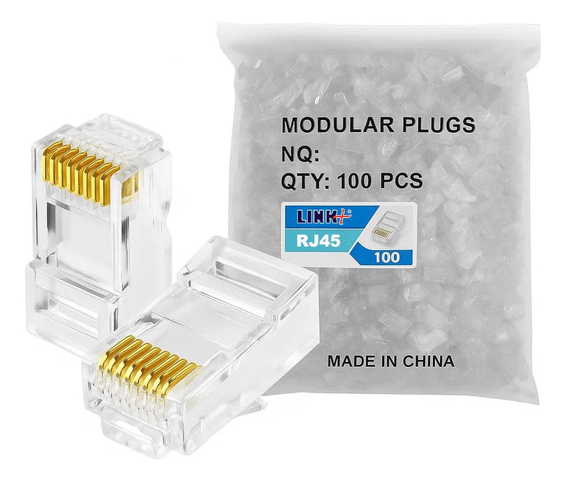 Kit 100 Conector Rj45 Utp Cat5e Banho De Ouro Cabo De Rede - MARCA LINK+