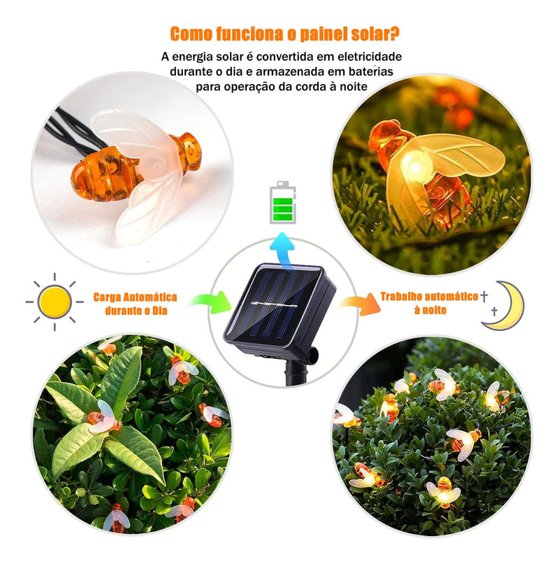 Solar Cordão Fio De Luz 50 Abelhas De Led 7 Metros Decorar