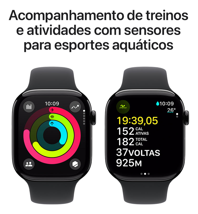Apple Watch Series 10 GPS • Caixa preta brilhante de alumínio – 46 mm • Pulseira esportiva preta – M/G