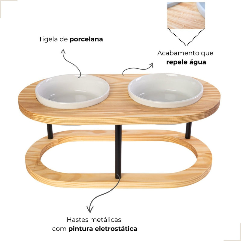 Comedouro Elevado Pet M Duplo Em Madeira E Porcelana