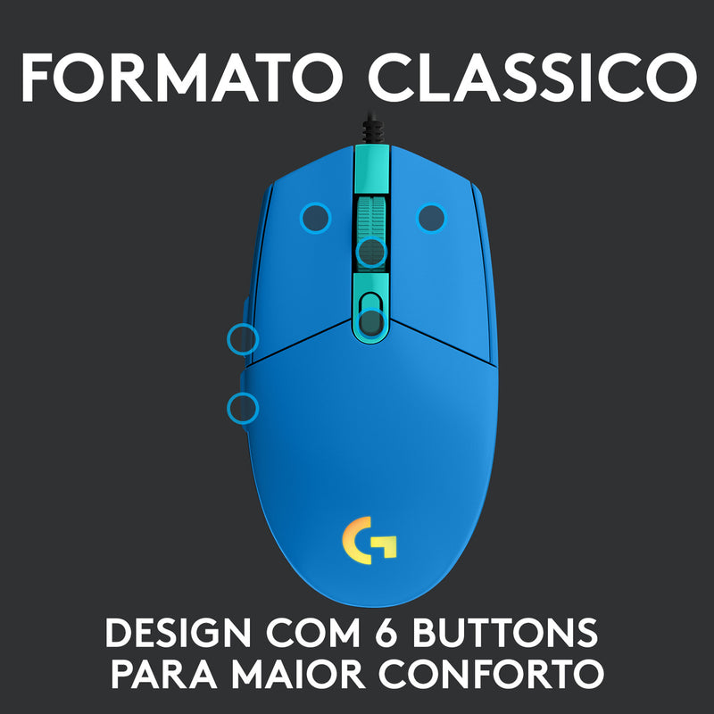 Mouse Gamer Logitech G203 RGB LIGHTSYNC, até 8.000 DPI, Preto