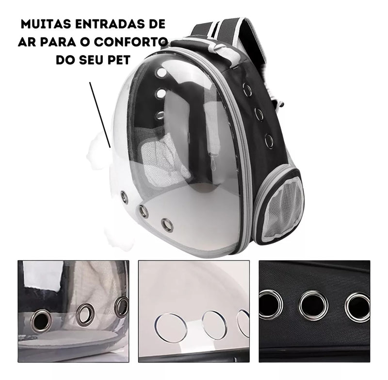 Mochila Pet visão panorâmica inteligente segurança ventilação cor preto com conforto premium