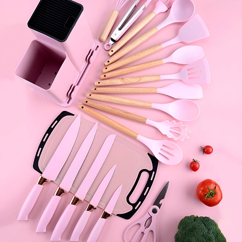 Kit Conjunto 19 Pçs De Utensílios Facas Silicone E Plástico