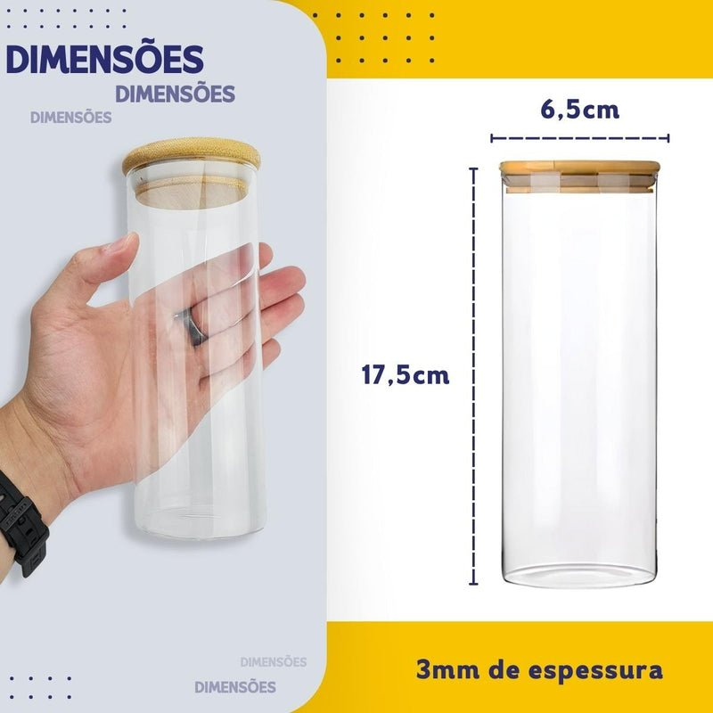 Kit 5 Potes de Vidro Herméticos com Tampa de Bambu para Mantimentos, Grãos, Café, Massas e Cereais - NYBC