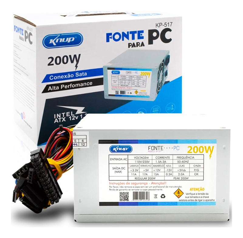 Fonte Pc Atx 200W Reais Real Silenciosa com Cabo de Força Nova Knup KP-517 Cinza
